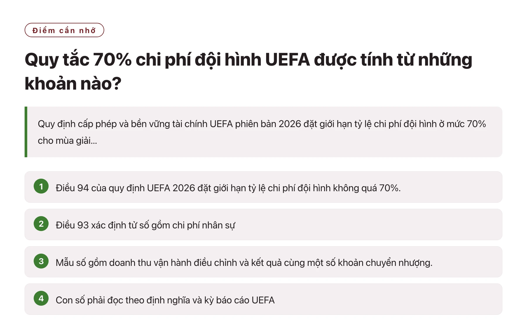Quy tắc 70% chi phí đội hình UEFA được tính từ những khoản nào?——全文要点速览